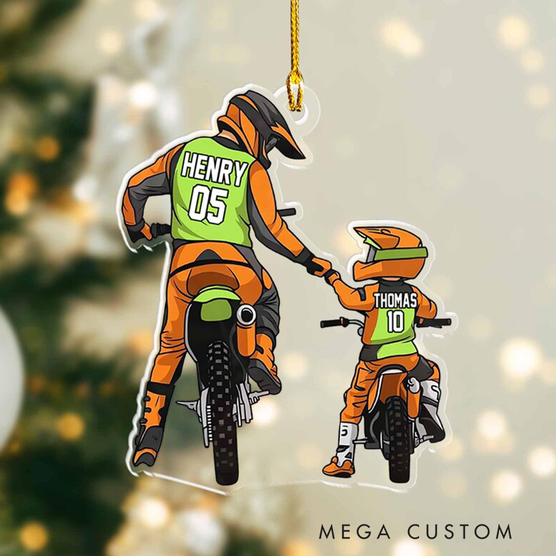 Personalized Motocross Racer Ornament Dad And Kid Motocross Lovers Dirt Biker Flat Ornament Christmas Ornament
