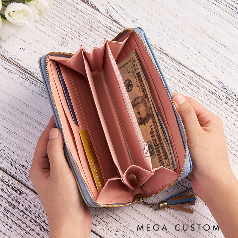 Personalized Leather Wallet for Women Engraved Birth Flower Wallet Women Slim Wallet With Tassel Clutch Purse Unique Gift for Her Birthday Gifts for Women