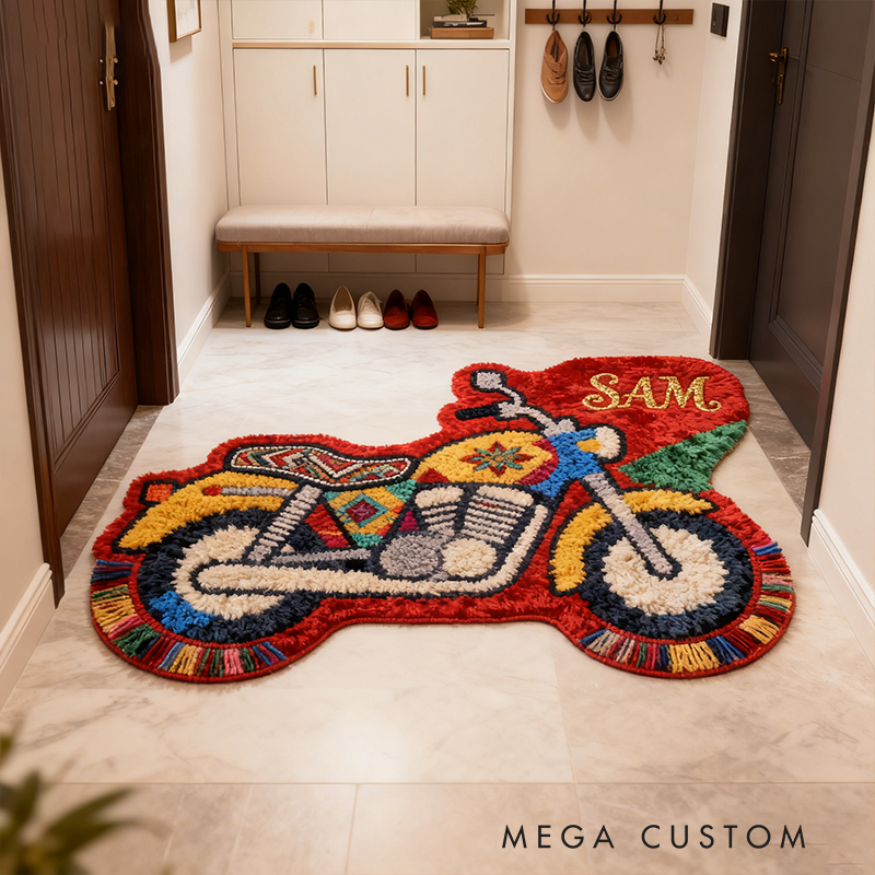 Personalized Motorcycle-Shaped Rug Custom Name Racer Speed Rugs Xmas Gift