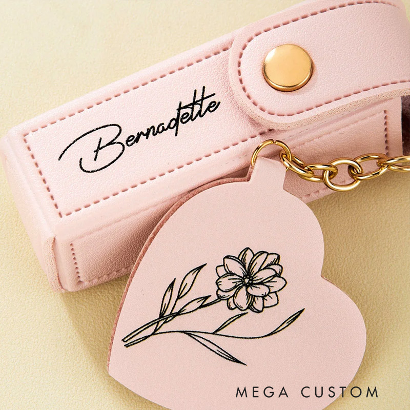 Personalized Line Flower Name Leather Lipstick Case Keychain with Heart-shaped Mirror Makeup Essentials Birthday Wedding Travel Gift for Women