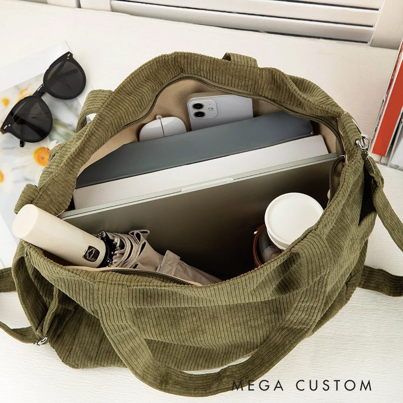 Personalized Leisure Corduroy Zipper Crossbody Tote Bag with Embroidered Name and Multiple Pockets Travel Accessories Birthday Gift for Family Friends