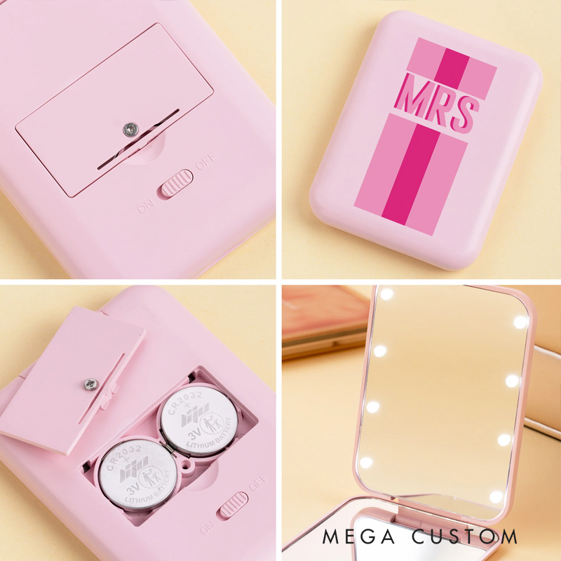 Personalized Shadow Monogram Stripe LED Double-Sided Foldable Compact Makeup Mirror with Initial Travel Accessories Birthday Gift for Bridesmaid Women