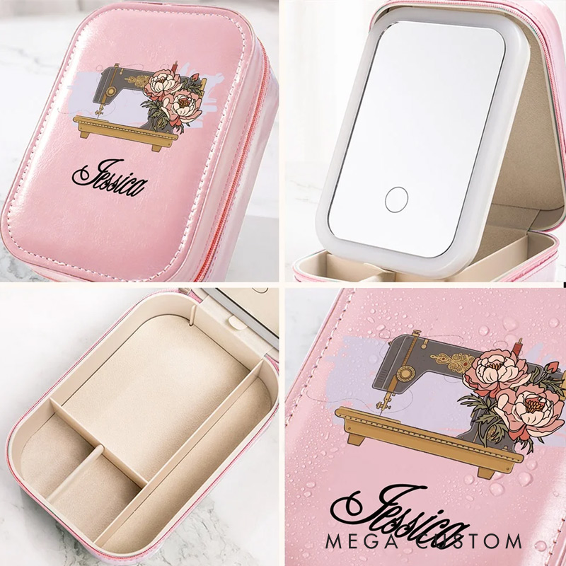 Personalized Watercolor Sewing Machine Birth Flower PU Leather Jewelry Box with LED Three-color Makeup Mirror Travel Essential Birthday Gift for Women