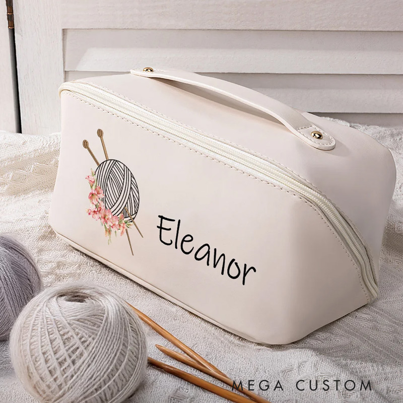 Personalized Birth Flower Crochet Wide Opening Leather Makeup Bag with Name Travel Accessories Birthday Wedding Gift for Bridesmaids Women