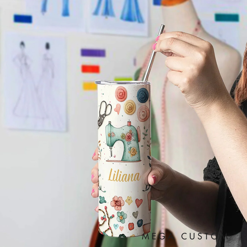 Personalized Sewing Theme Food Grade 20oz Skinny Tumbler with Lid and Straw Cleaning Brush Birthday Mother's Day Gift for Mother Sewing Lover