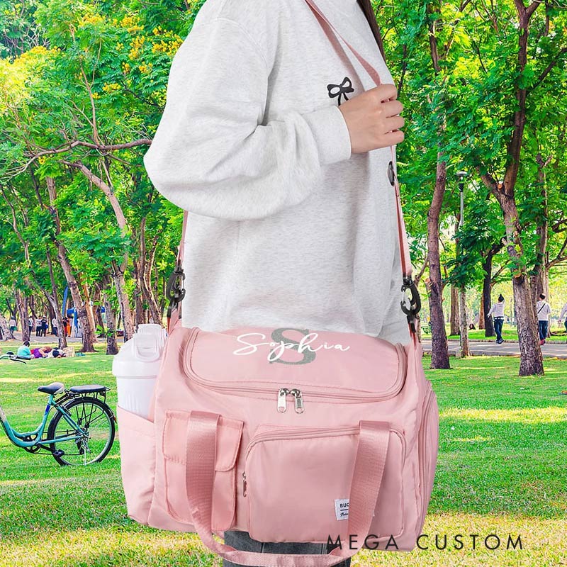 Personalized Glitter Initial Name Large Travel Duffle Bag with Multi-compartment and Shoulder Strap Back to School Birthday Gift for Women Girls