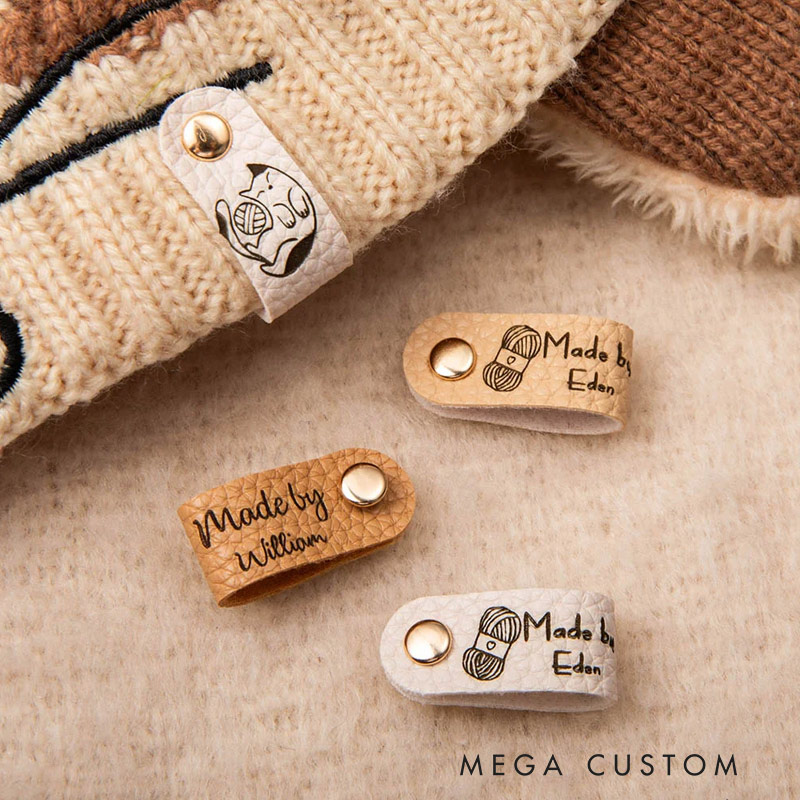 Personalized Set of 10 Made By Leather Crochet Knitted Tags Labels with Engraved Name Rivets Knitwear Accessories Gift for DIY Knitter Sewing Lovers