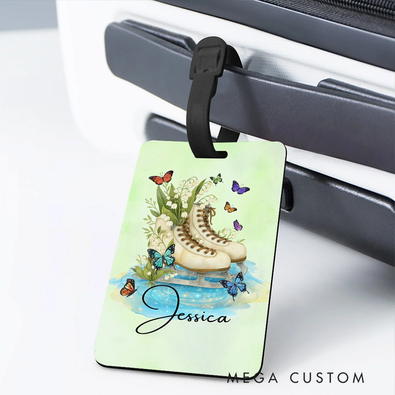 Personalized Birth Flower Ice Skating Luggage Tag with Name Travel Accessories Birthday Gift for Travel Lovers Skating Enthusiasts