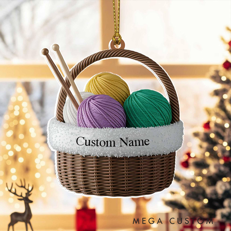 Personalized Knitting Basket Flat 2D Acrylic Christmas Ornament Tree Hanging Decor Personalized Yarn Ornament Gift for Knitters and Crochet Lovers