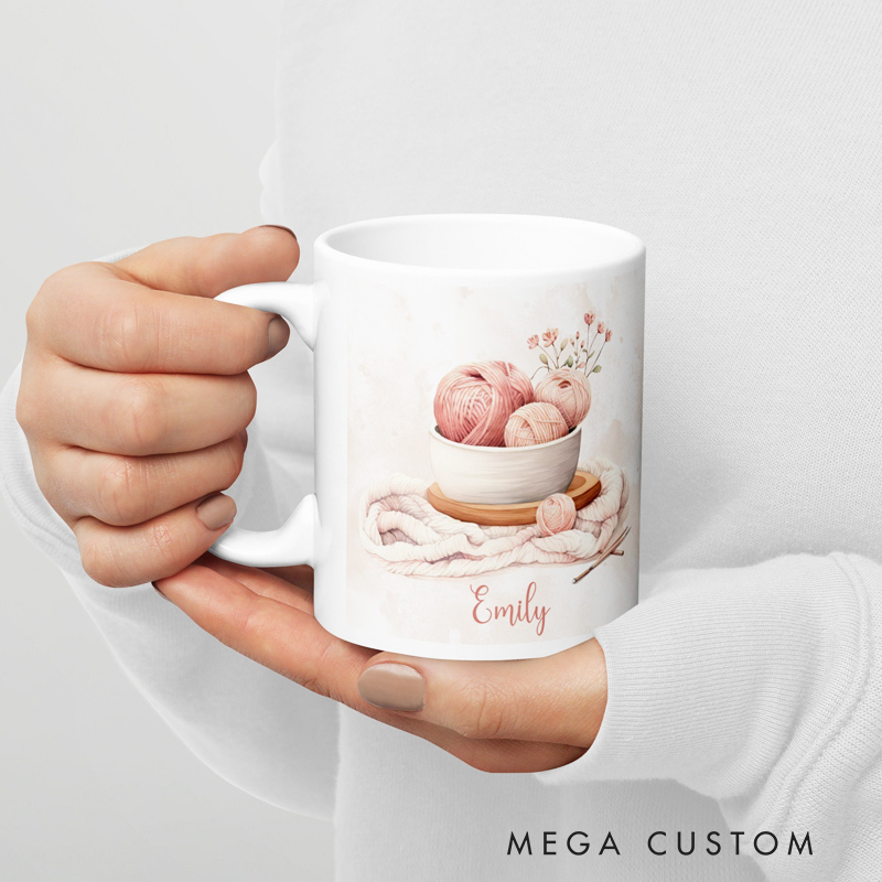 Personalized Knitting Coffee Mug Gifts for Knitting Lovers Floral Yarn and Custom Name