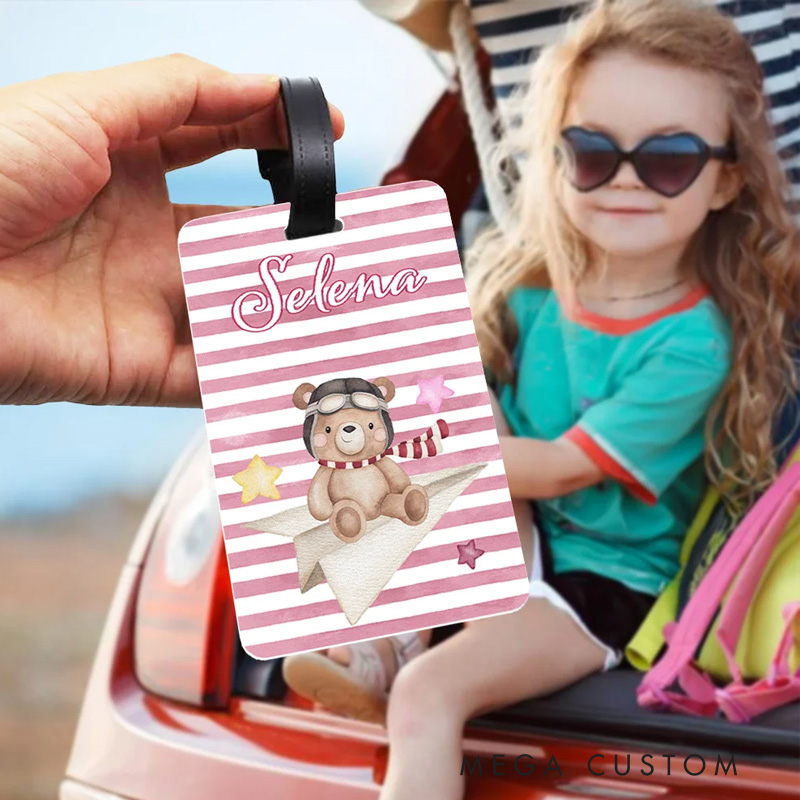 Personalized Cute Little Bear Pilot Watercolor Luggage Tag with Name Travel Accessories Birthday Holiday Gift for Boys Girls