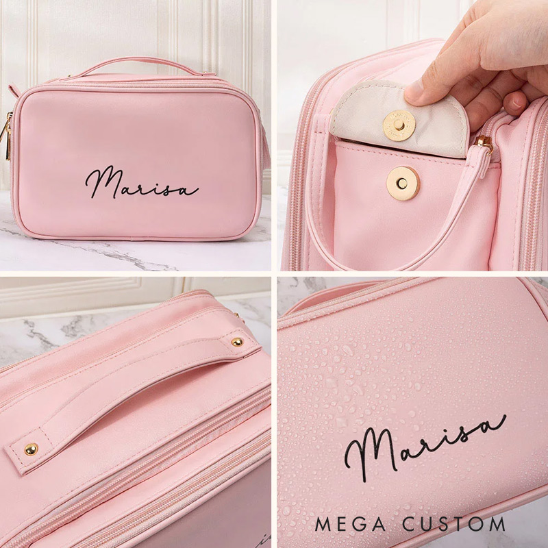 Personalized Simple Name Design Large Multi-compartment Leather Makeup Bag with Makeup Brush Holder Travel Essentials Birthday Gift for Women