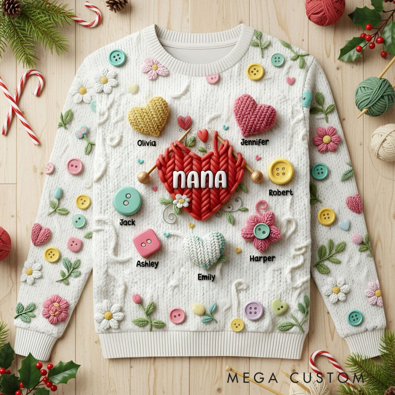 Personalizeds Ugly Sweater Grandma Knitting With Heart Sweater Gifts For Grandma & Mom