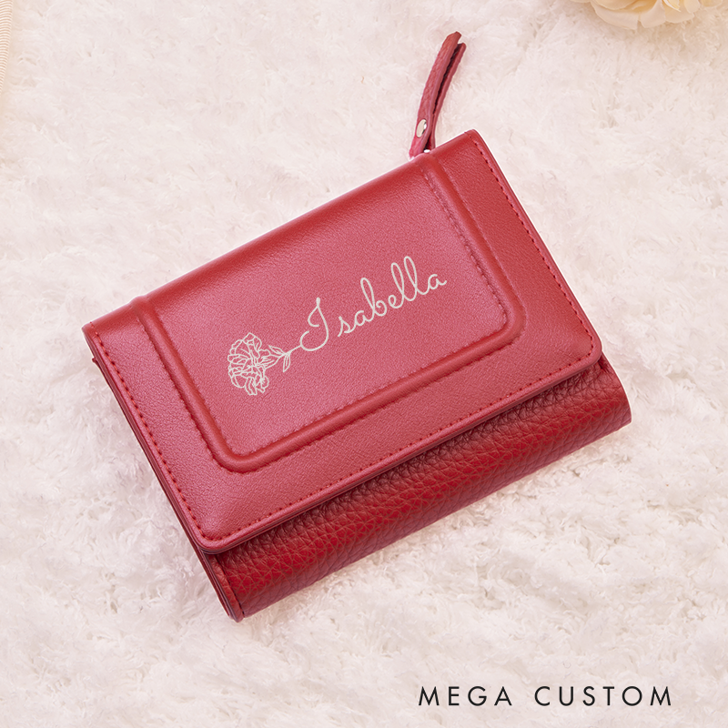 Personalized Leather Wallet For Her Birth Flower Wallet with Name Engraved Wallet For Women Leather Purse Birthday Gift For Her Gift For Mother Bridesmaid Gift Christmas Gift