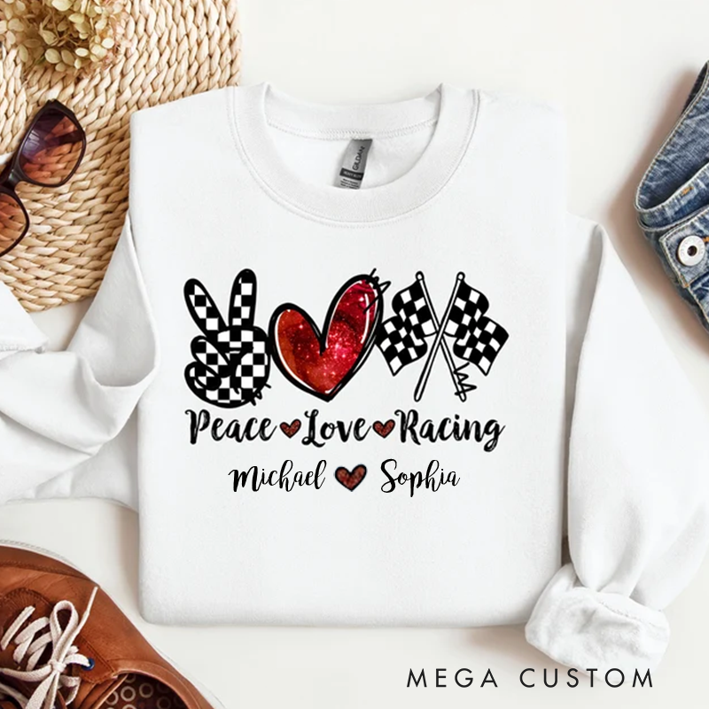 Personalized Peace Love Racing Sweater Racing Sweatshirt For Women Race Day Sweatshirt Race Season Gifts Checkered Flag Hoodie