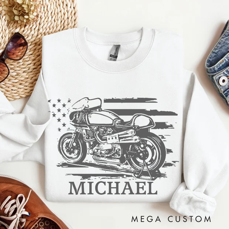 Personalized Pink Motorcycle & USA Flag Sweatshirt Custom Moto Crewneck Sweatshirt 