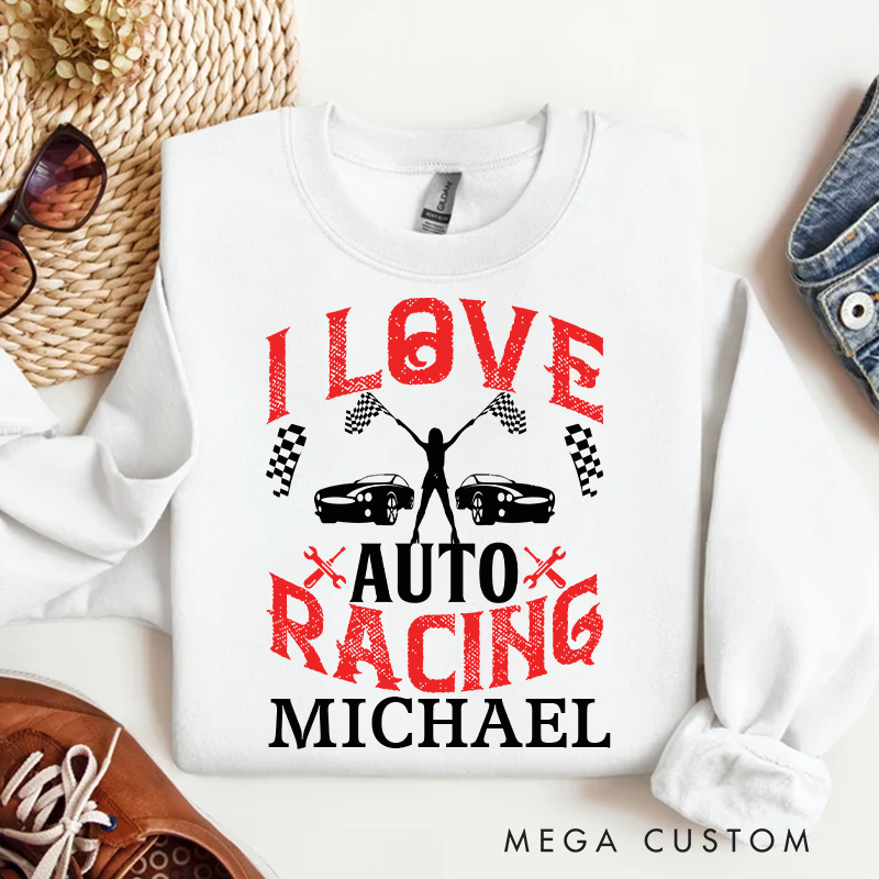 Personalized Long-Sleeve Sweatshirt Custom I Love Auto Racing Design Moto Crewneck Sweatshirt 