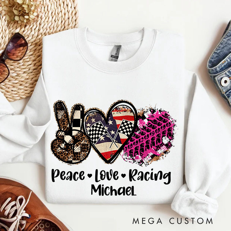 Personalized Racing Themed Heart & Peace Sign Sweatshirt Custom Name Sweatshirt