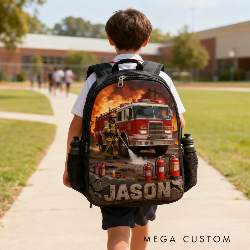 Personalized Firefighter Themed Backpack Custom Heroic Design with Fire Truck Backpack