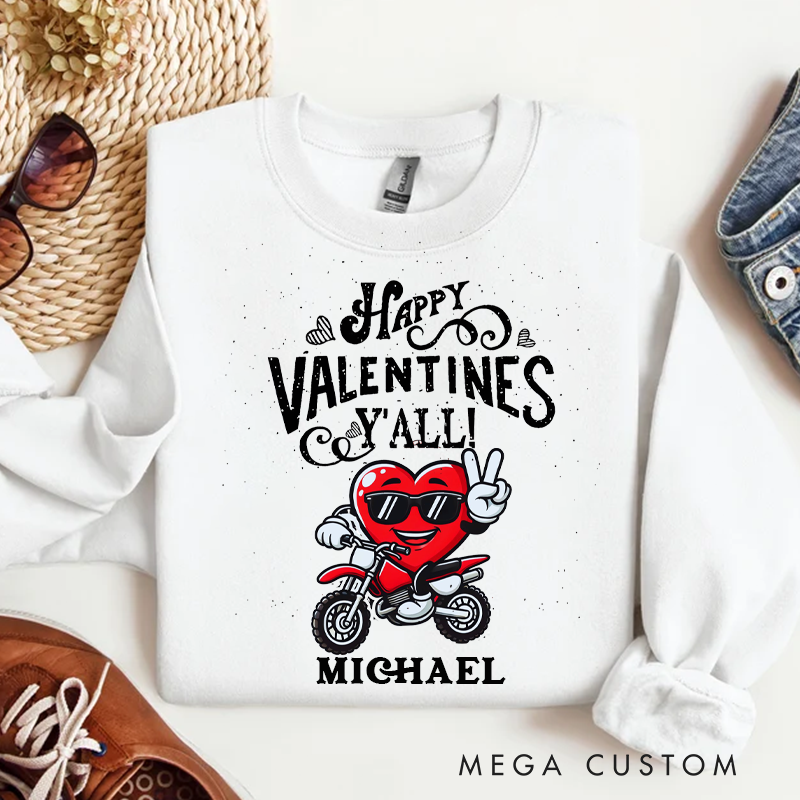 Personalized Happy Valentines Y'all Biker Heart Sweatshirt Custom Name Sweatshirt Valentine's Day