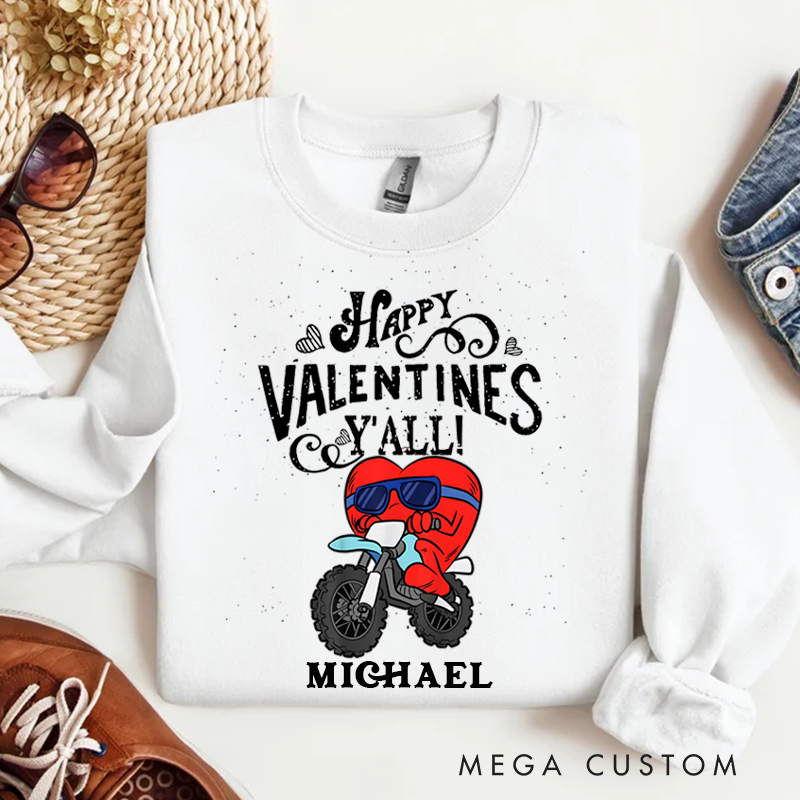 Personalized Happy Valentines Y'all Biker Heart Sweatshirt Custom Name Sweatshirt Valentine's Day