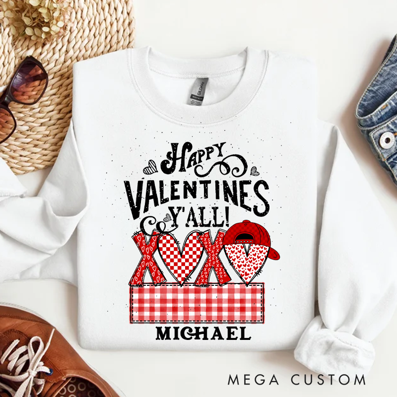 Personalized Happy Valentines Y'all Gingham XOXO Sweatshirt Custom Name Sweatshirt Valentine's Day
