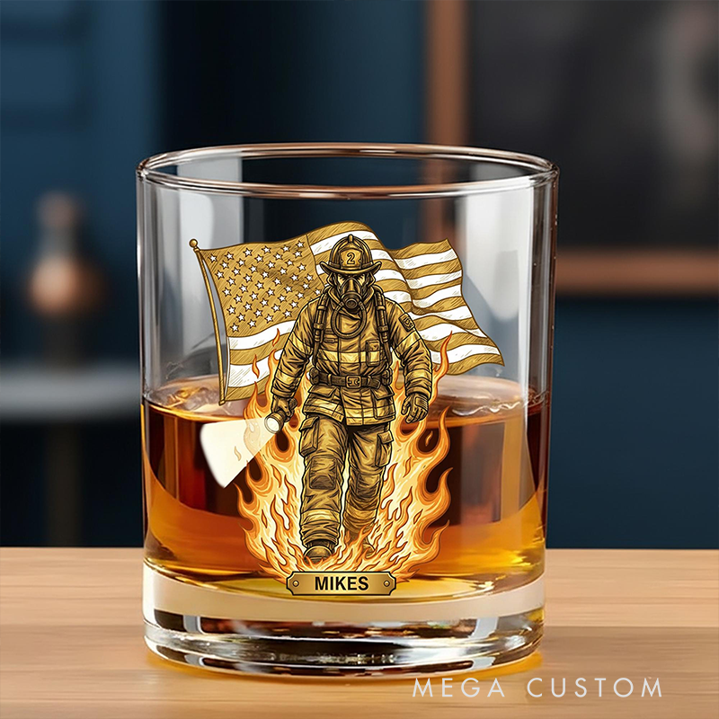 Personalized Whiskey Glass with Firefighter and Flag Custom Drinkware for Firefighter