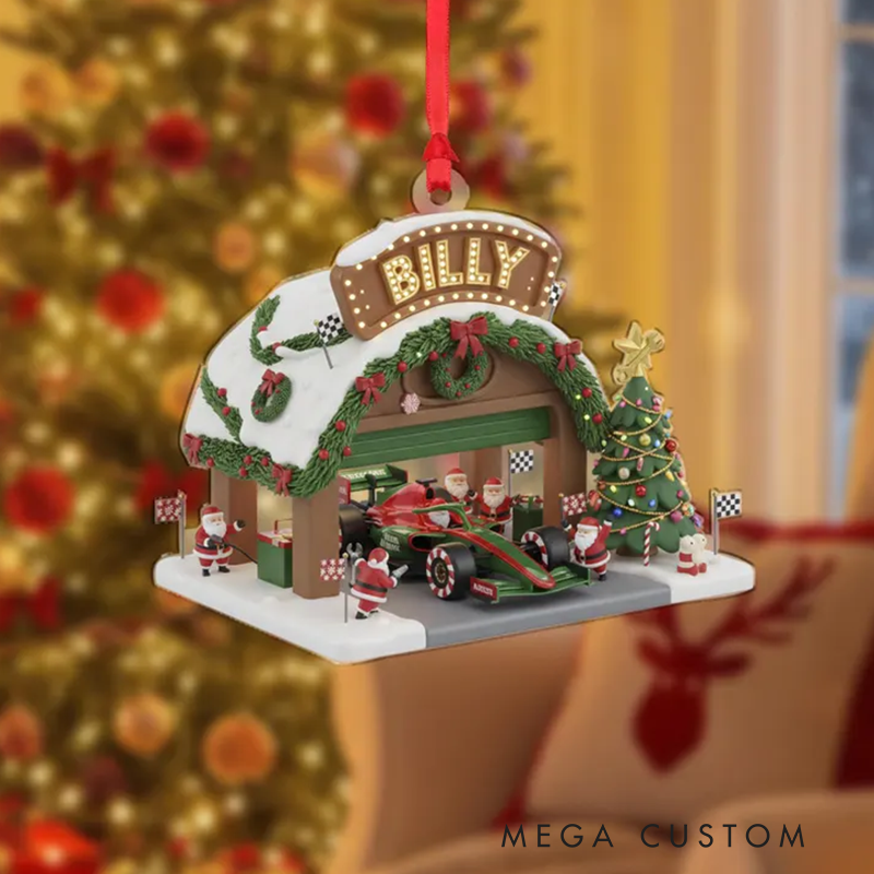 Personalized Racing Garage Ornament Custom Name Race Car Christmas Decor