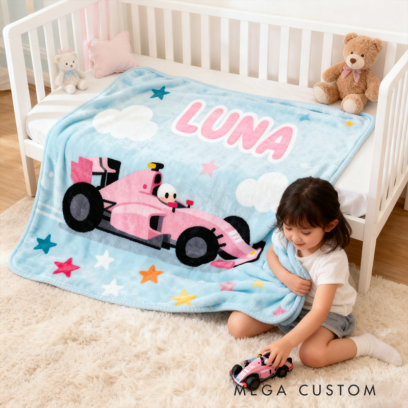 Personalized Pink Racing Car Blanket Custom Name Soft Cozy Sherpa Fleece Throw Blankets Sport Gift