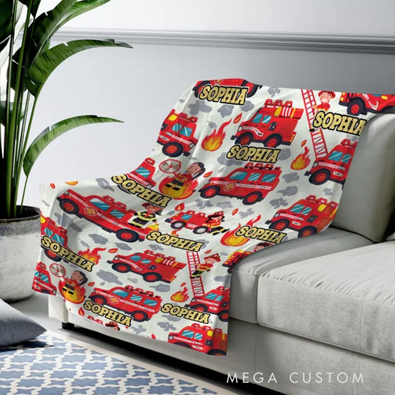 Personalized Firetruck Blanket Customized Fireman Blanket Custom Name Blanket Trendy Firefighter Boy Birthday Gift