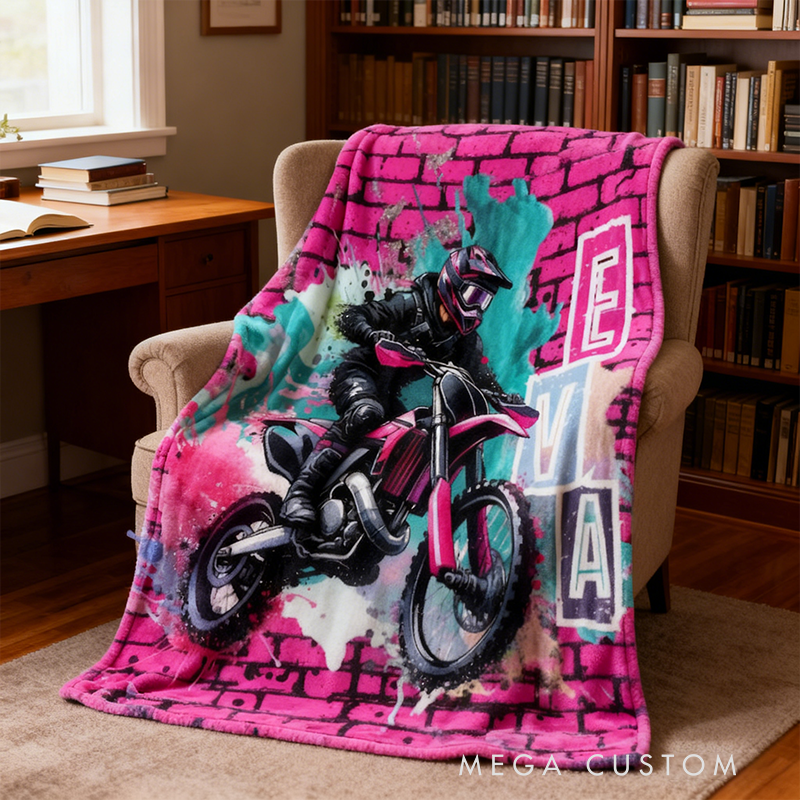 Personalized Pink Motocross Christmas Blanket Racing Lover Blanket Xmas Gift