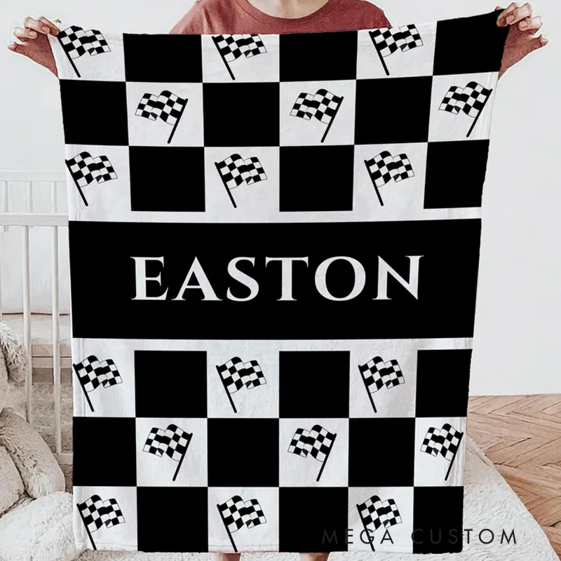 Personalized Race Car Baby Blanket Checkered Woven Cotton Boy Gift