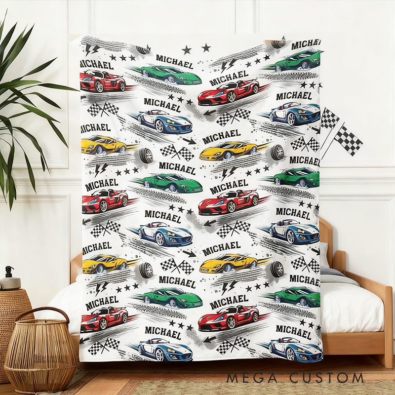 Personalized Race Car Blanket Custom Name Race Car Throw Blanket Xmas Gift
