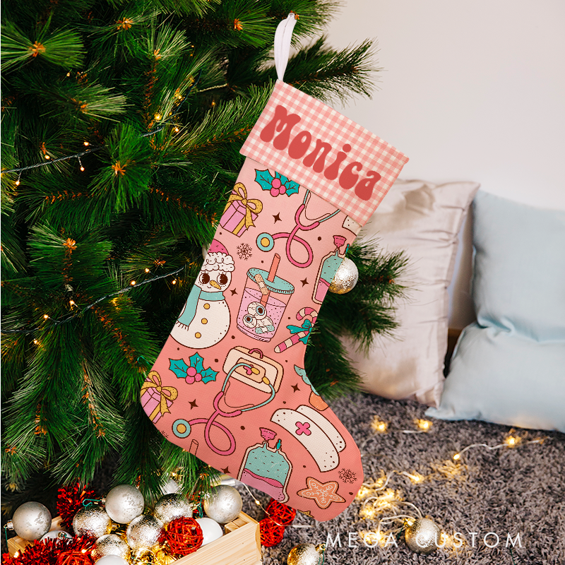 Personalized Nurse-Themed Christmas Stocking with Festive Icons Xmas Gift