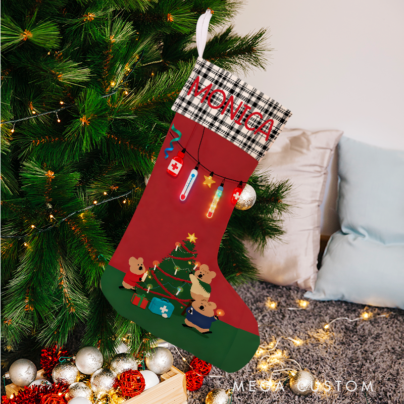 Personalized Christmas Stocking with Mice and Healthcare Theme Christmas Stocking with Holiday Characters Xmas Gift