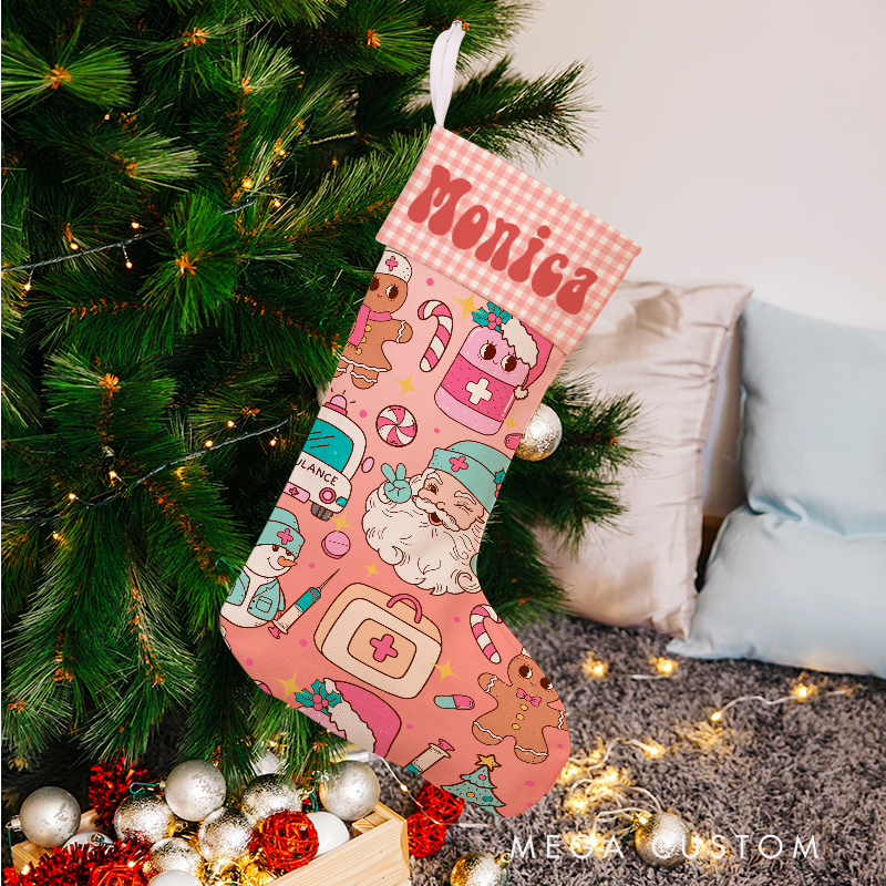 Personalized Nurse-Themed Christmas Stocking with Holiday Characters Xmas Gift