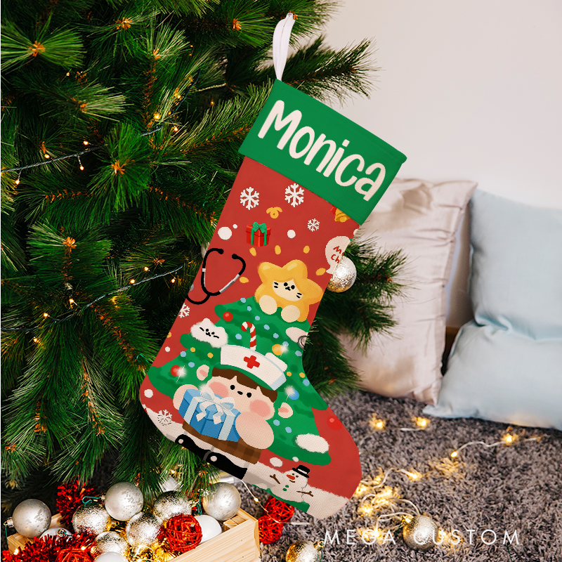 Personalized Nurse Themed Christmas Stocking with Holiday Characters Xmas Gift