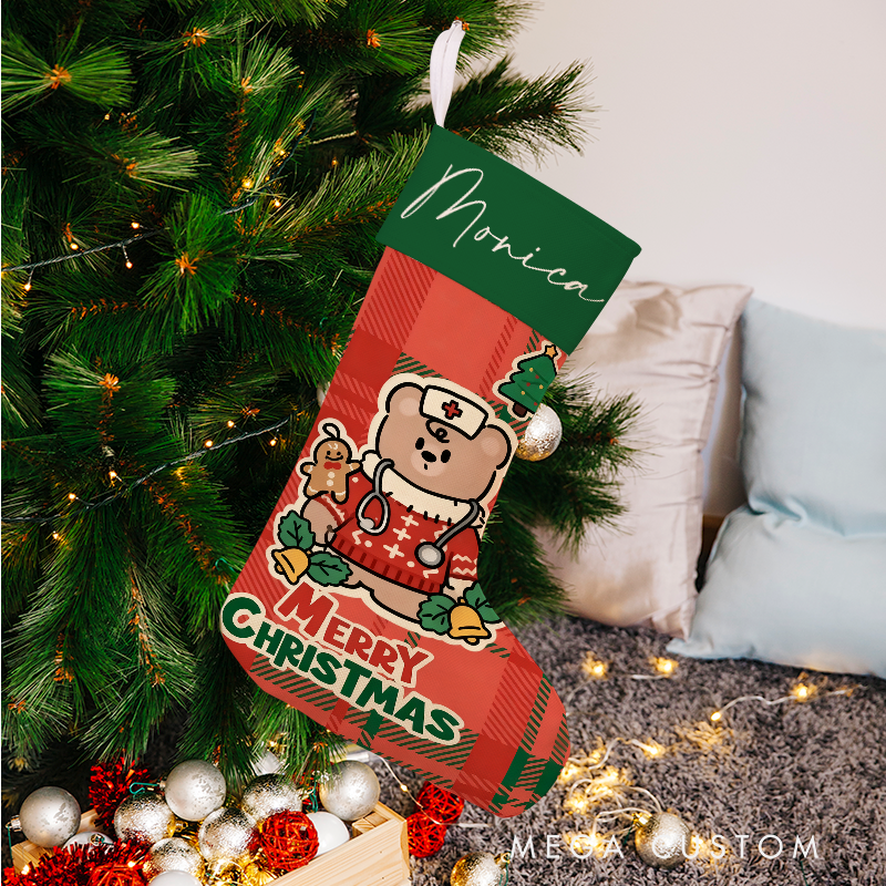 Personalized Nurse Bear Christmas Stocking with Holiday Characters Xmas Gift