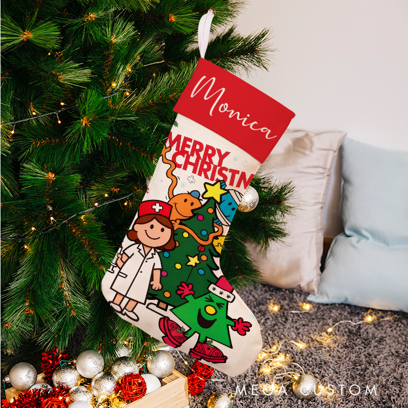 Personalized Nurse Christmas Stocking with Holiday Characters Xmas Gift