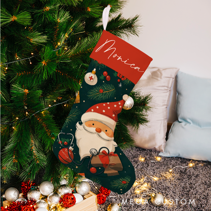 Personalized Santa and Nurse Christmas Stocking with Holiday Characters Xmas Gift