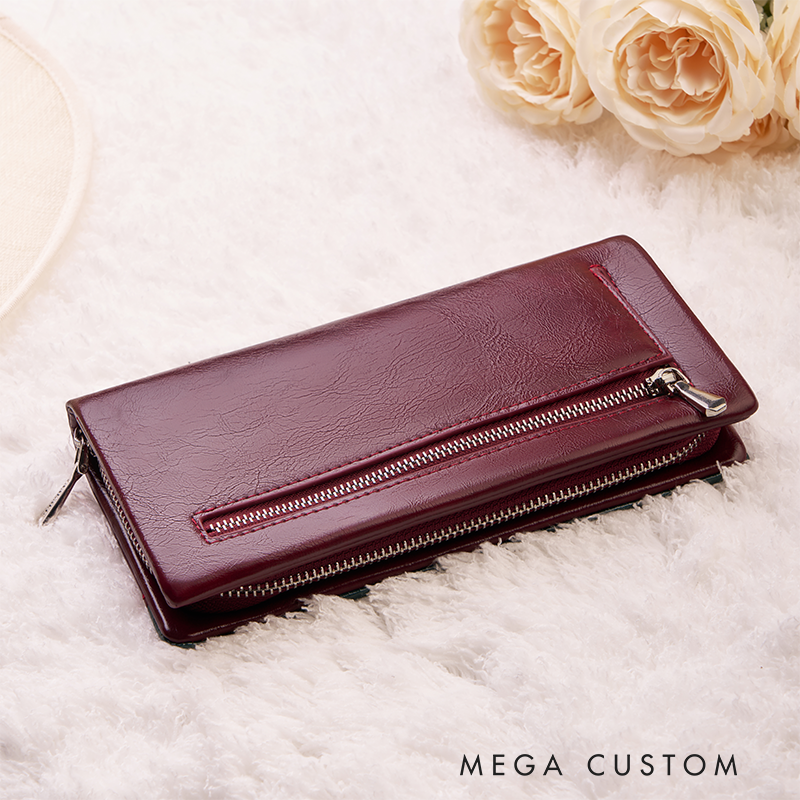 Personalized Leather Wallet for Women Birth Flower Leather Wallet Engraved Women Slim Wallet Clutch Purse  Leather Wallet With Zipper Unique Gift for Her Birthday Gifts