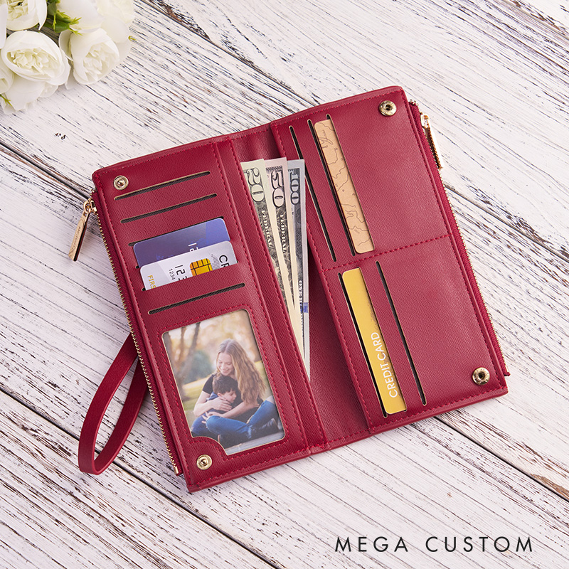 Personalized Leather Wallet for Women Birth Flower Leather Wallet Engraved Leather Wallet with Name Women Slim Wallet Clutch Purse Unique Gift for Her Birthday Gifts