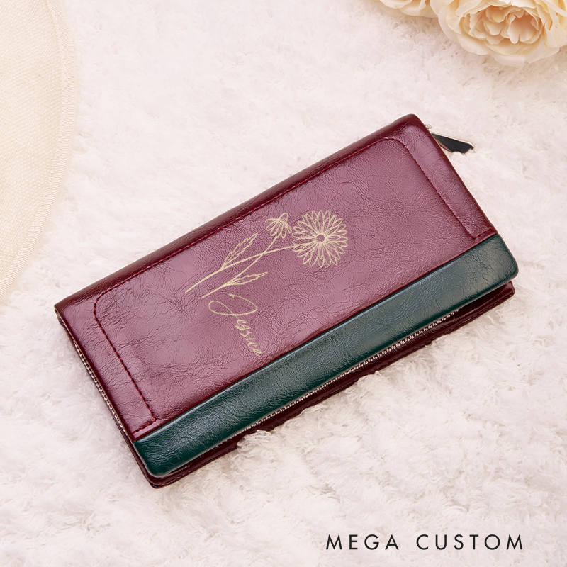 [Copy]Personalized Leather Wallet for Women Birth Flower Leather Wallet Engraved Women Slim Wallet Clutch Purse  Leather Wallet With Zipper Unique Gift for Her Birthday Gifts