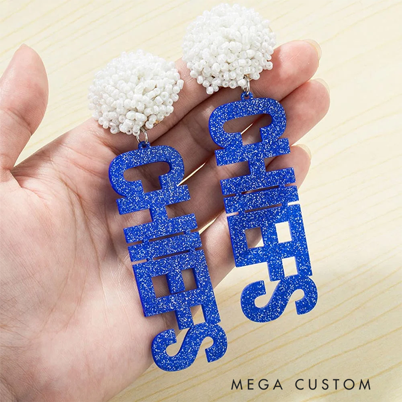 Personalized Glitter Game Day Earrings with Custom Text and Beaded Accent Design
