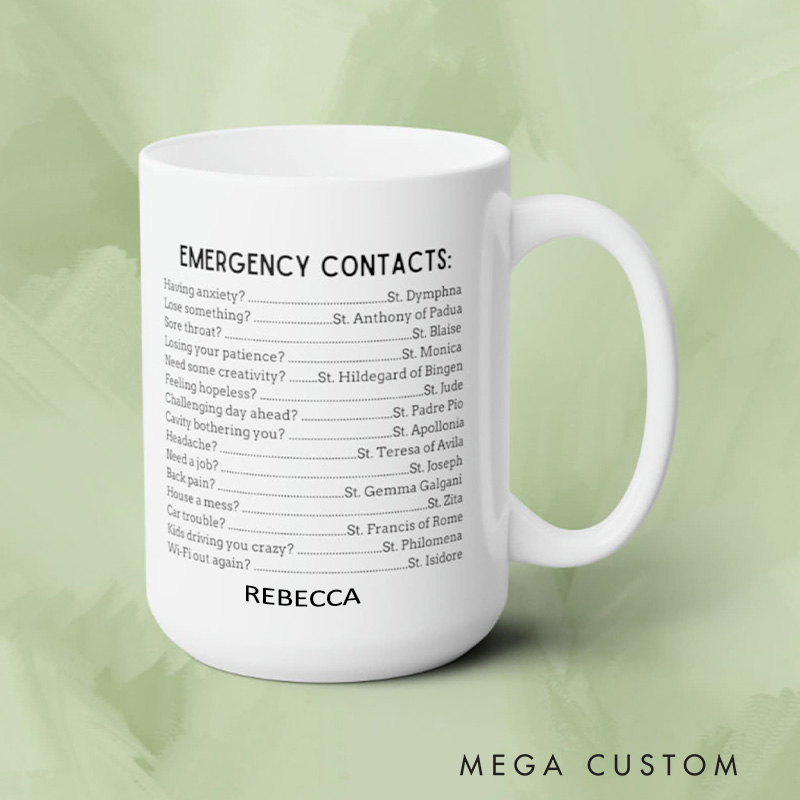 Personalized Emergency Contacts Catholic 11oz 15oz Ceramic Mug with Name All Saints Coffee Mug Godmother Gift Mug Catholic Gifts Confirmation Gifts