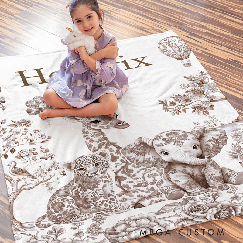 Personalized Mluticolor Floral Leopard Giraffe Elephant Soft Throw Blanket with Name and Surname Nursery Room Gift for Boys Girls