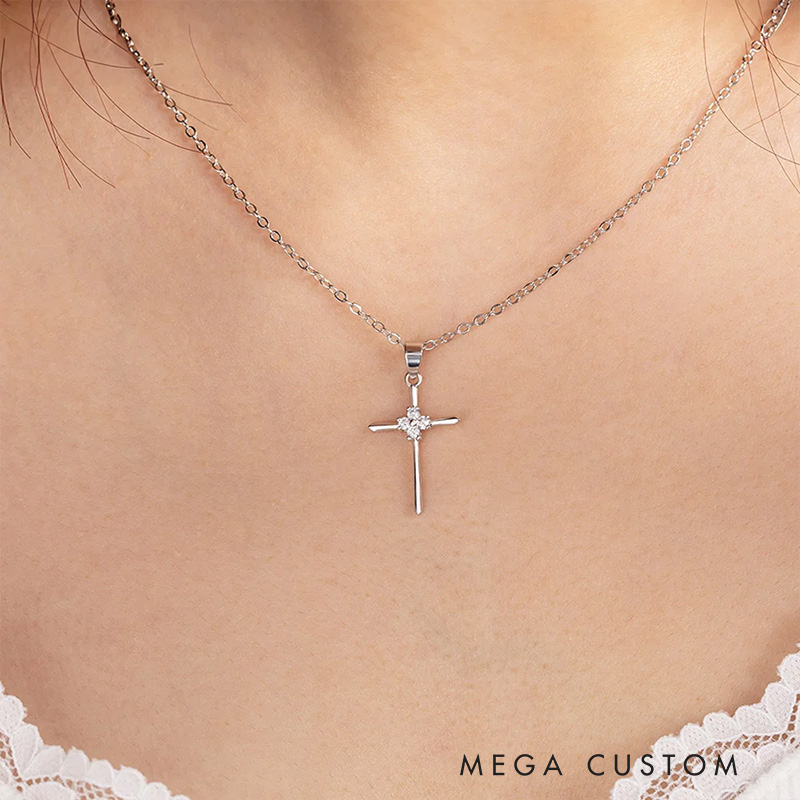Personalized Minimalism 4 Birthstones Cross Necklace Jesus Jewelry Birthday Christian Baptism Gift for Women
