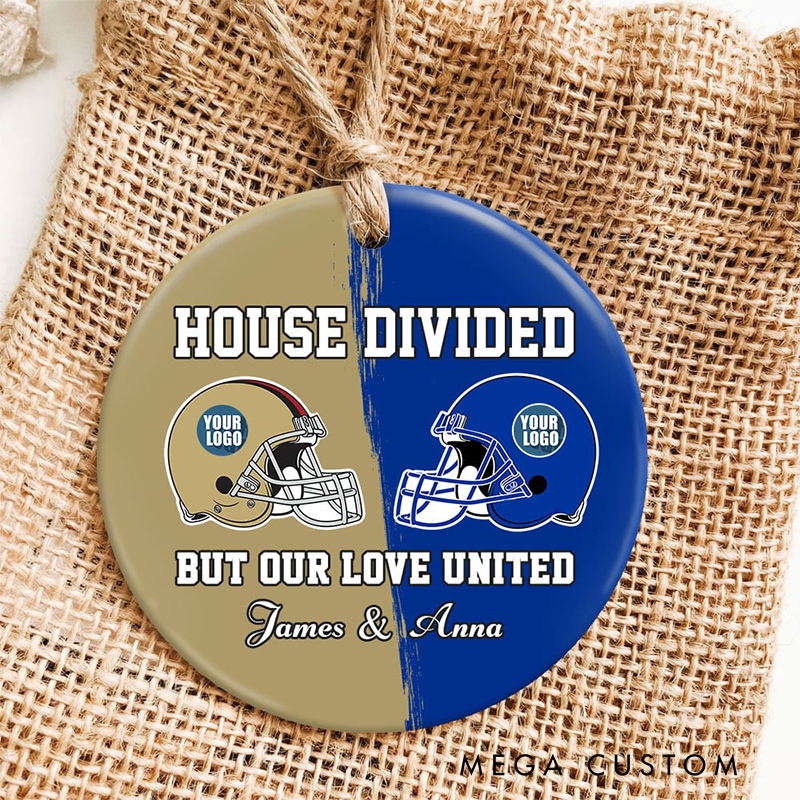 Personalized American Football Christmas Ornament for Couples with Custom Team Logos and Names