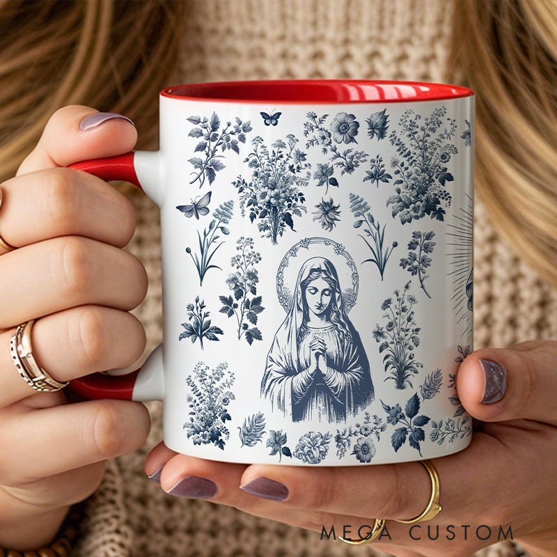 Personalized Catholic Virgin Mary Toile  11oz 15oz Ceramic Mug with Name Our Lady Coffee Cup Floral Catholic Mug Marian Mug Christian Gift for Women