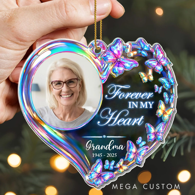 Personalized Memorial Photo Ornament Forever In My Heart Colorful Butterflies Ornament Sympathy Gifts for Loss of Loved One